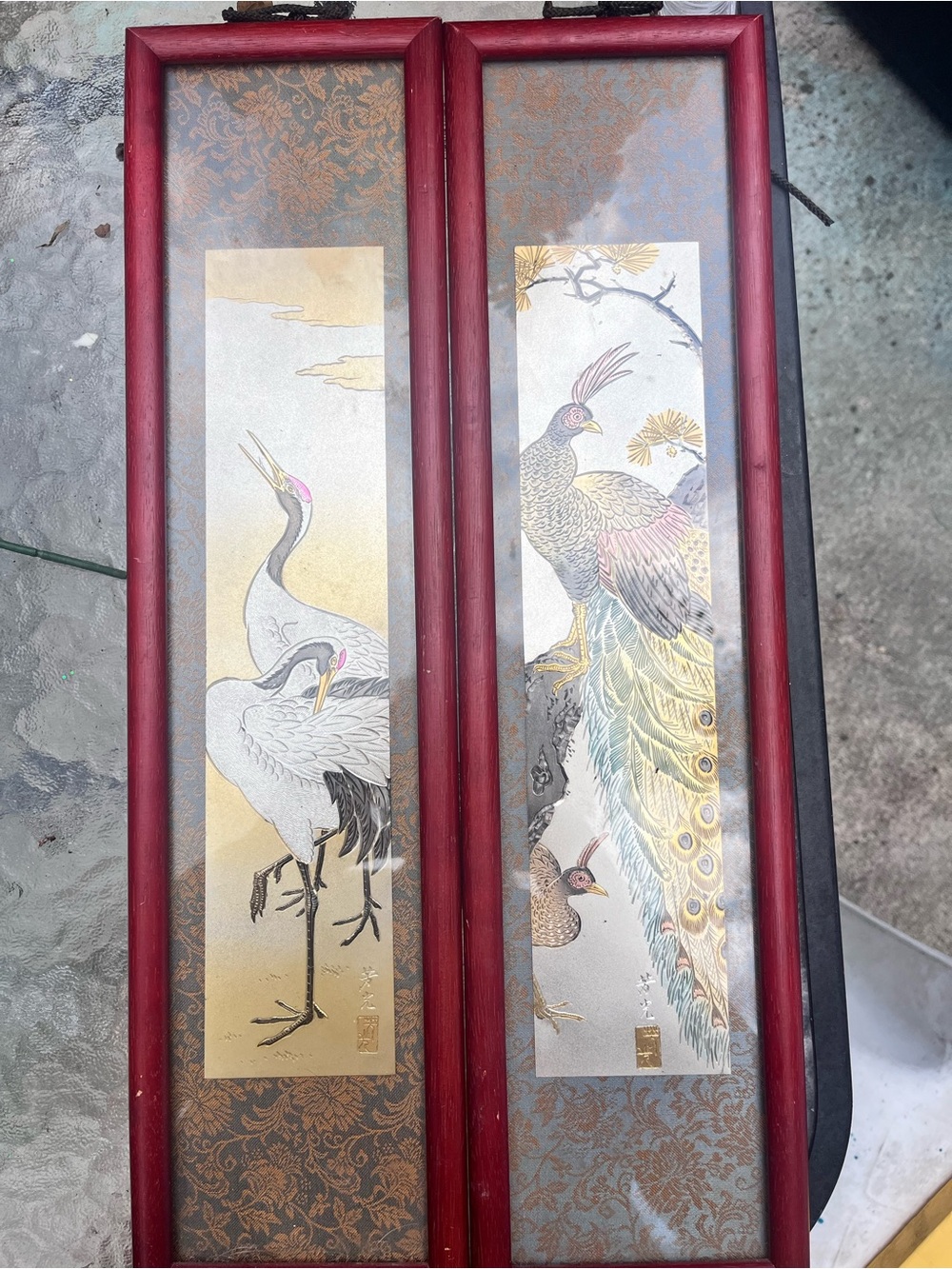 Vintage Framed Asian Crane and Peacock Wall Art - Red Frames
